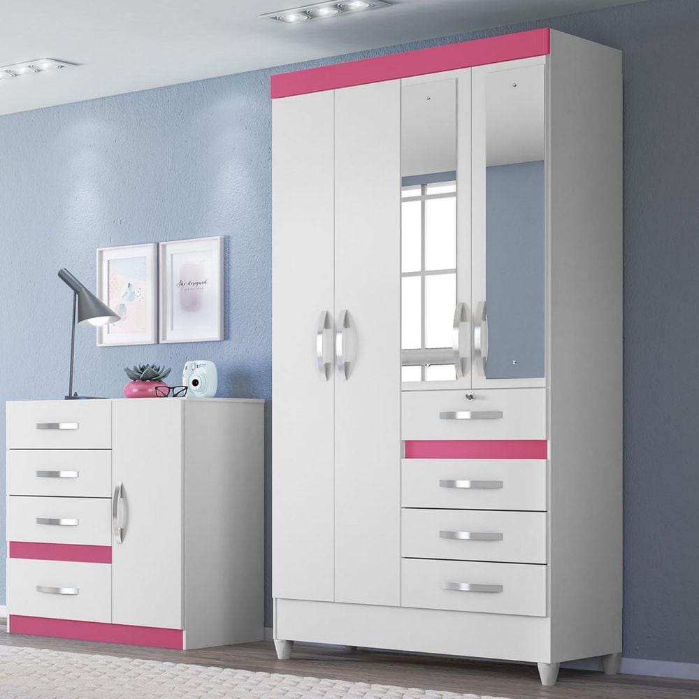 Guarda Roupa Solteiro com Espelho 4 Portas 4 Gavetas Sobral Moval Branco/Rosa/Azul/Lilas