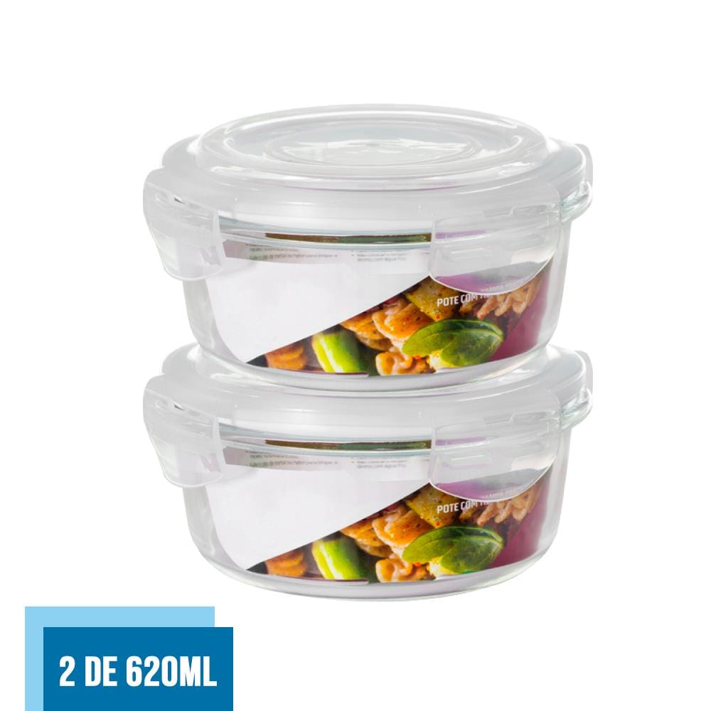 Jogo 2 Potes Vidro Hermético 4 Travas Redondo 620ml Marmita