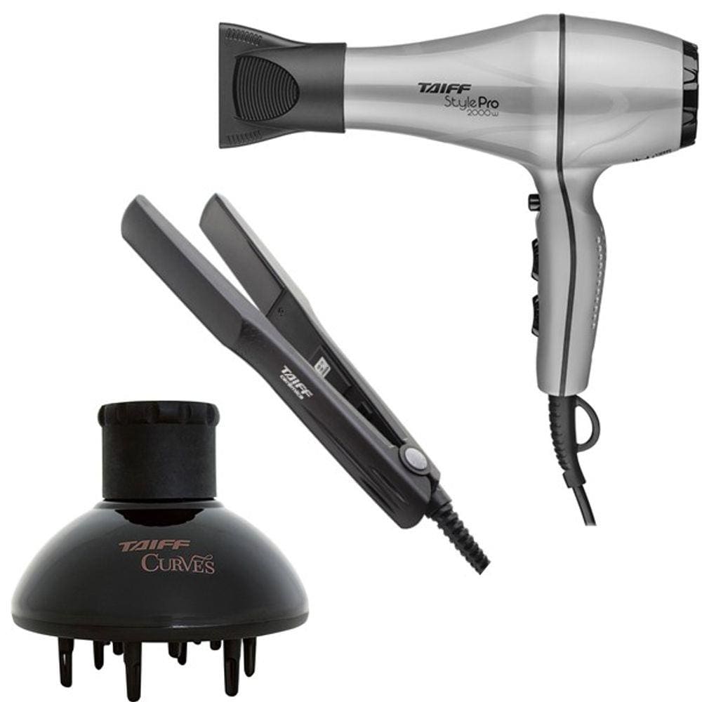 Kit Taiff - Secador Cabelo Style Pro 2000W Prata 220V + Prancha Ceramic 180ºc + Difusor De Ar Curves