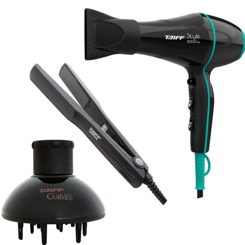 Kit Taiff - Secador De Cabelo Style Preto 2000W 127V + Prancha Ceramic 180ºc + Difusor De Ar Curves