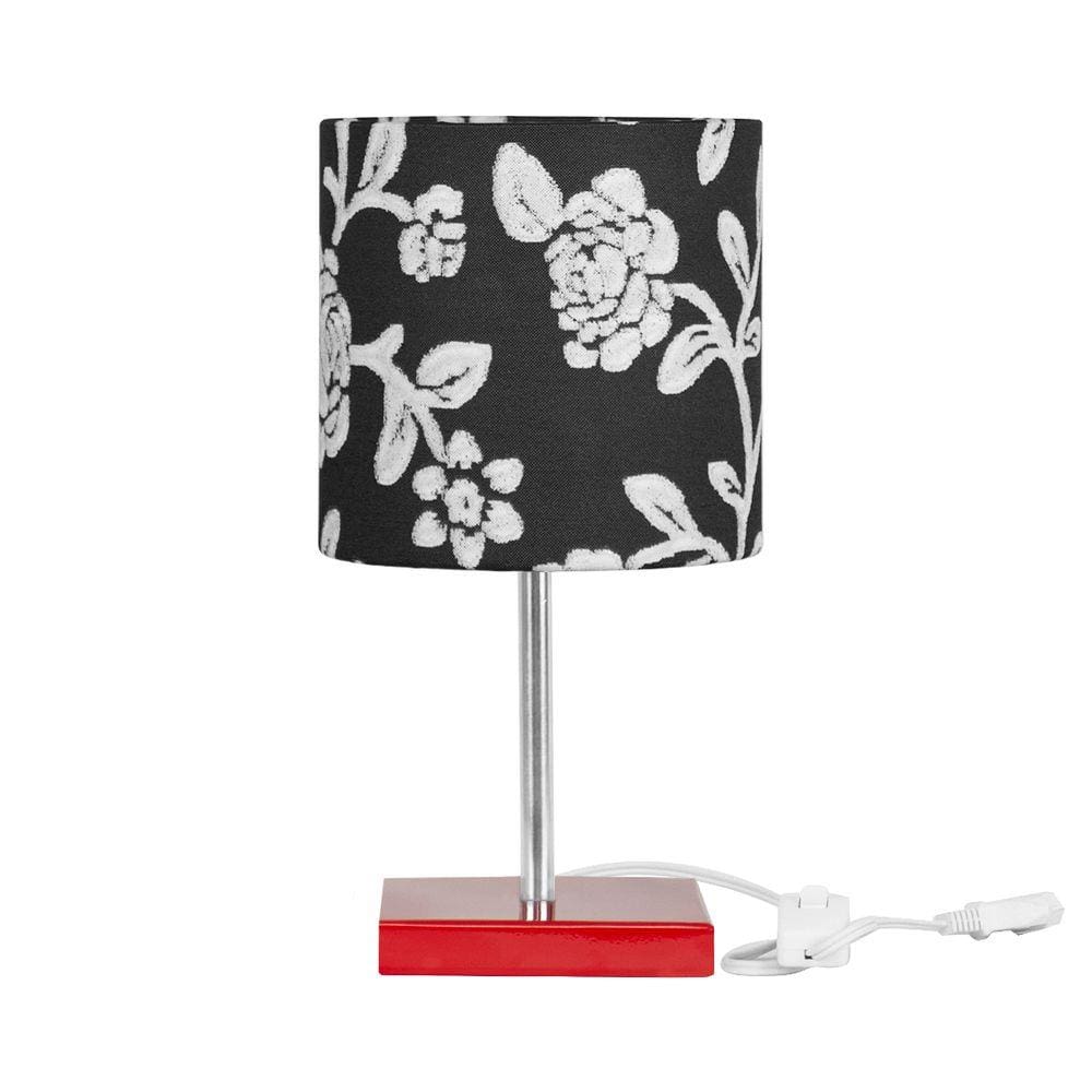 Abajur Eros Cilindrico Floral Prata 032 Base Vermelha Quadr.