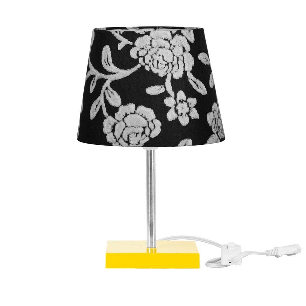 Abajur Eros Dome Floral Prata 032 com Base Amarela Quadrada