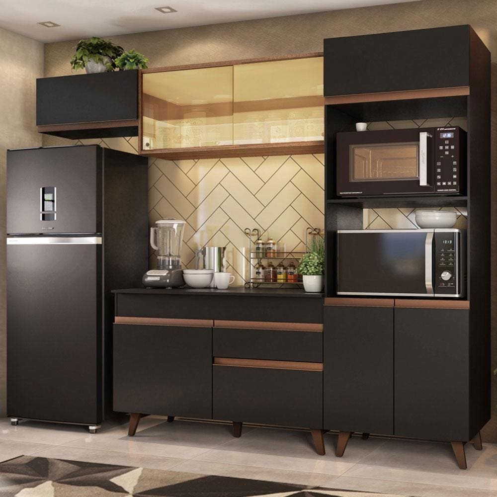 Armário de Cozinha Completa Madesa Reims 260001 com Balcão e Tampo - Preto/Rustic