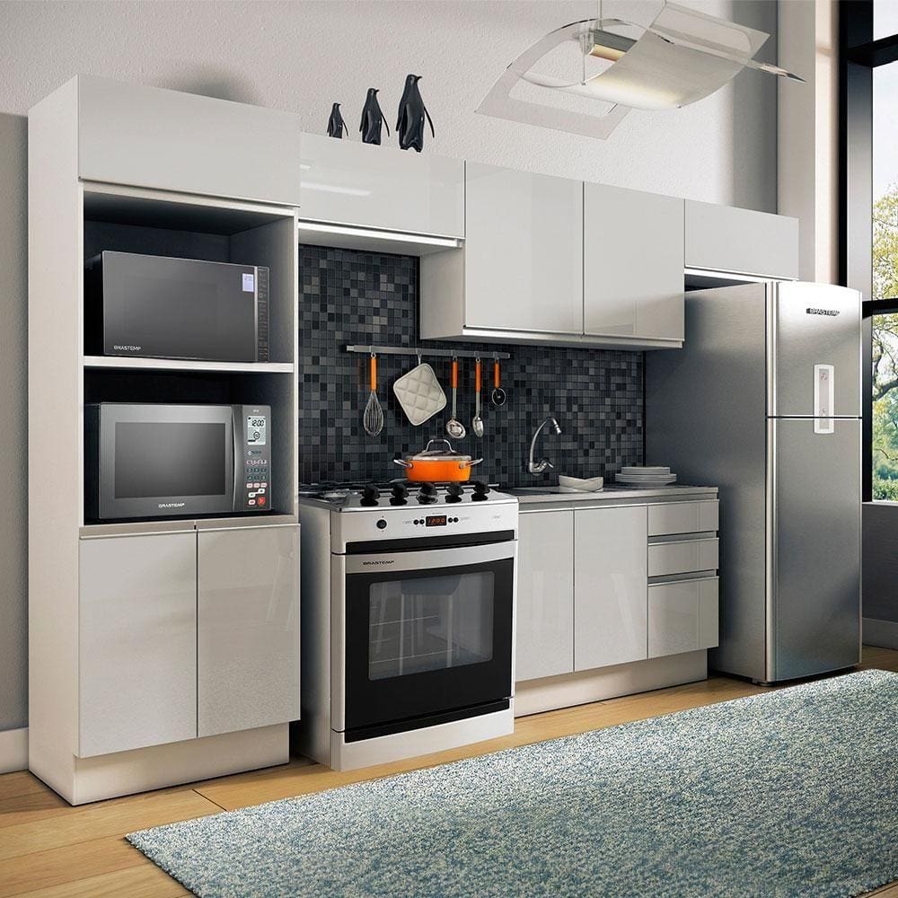 Armário de Cozinha Completa Madesa Acordes 100% MDF com Balcão e Portas Branco Brilho