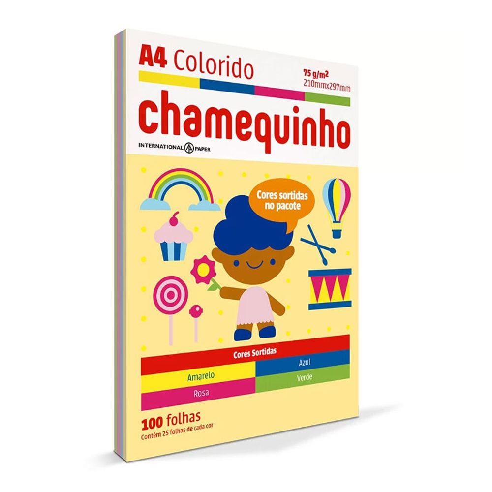 Chamequinho A4 75G Com 100 Folhas Coloridas (Azul, Amarelo, Verde E Rosa)