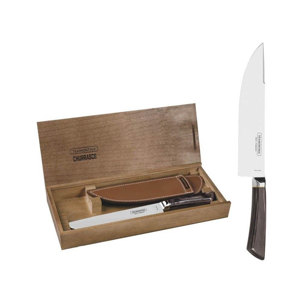 Faca Carne 8" Campeira Aço Inox Forjado Cabo Castanho Polywood Bainha de Couro e Estojo de Madeira Tramontina