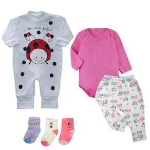 Kit Bebê 6 Pçs Body Mijão Macacão Longo e Meias 100% Algodão