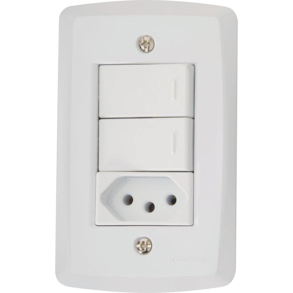 Conjunto 4x2 com 2 Interruptores Paralelos 10 A 250 V e 1 Tomada 2P+T 10 A 250 V Tramontina Lux2 Branco Tramontina