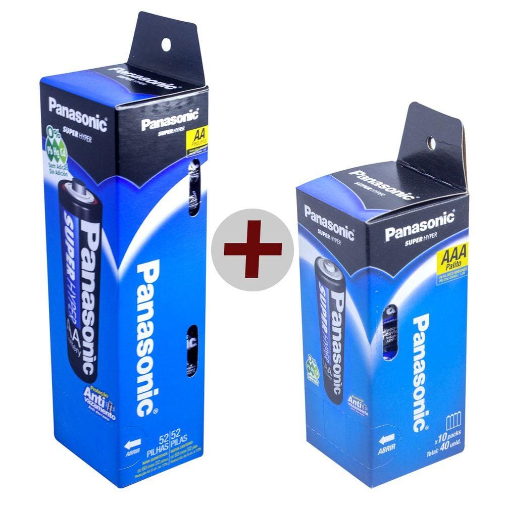 Kit 52 Pilhas AA + 40 AAA Zinco Carvão Panasonic Tubo