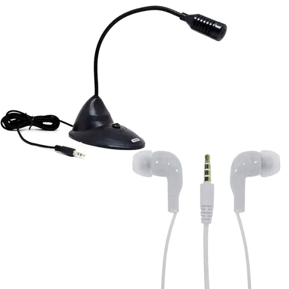 Kit Microfone Multimídia De Mesa + Fone Slim Branco C/ NF