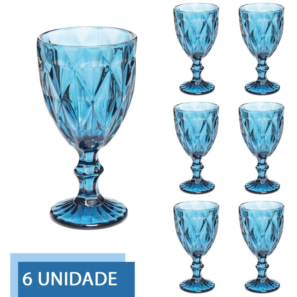 Conjunto 6 Copos Azul Taças Diamante Para Agua Vinho 300ml