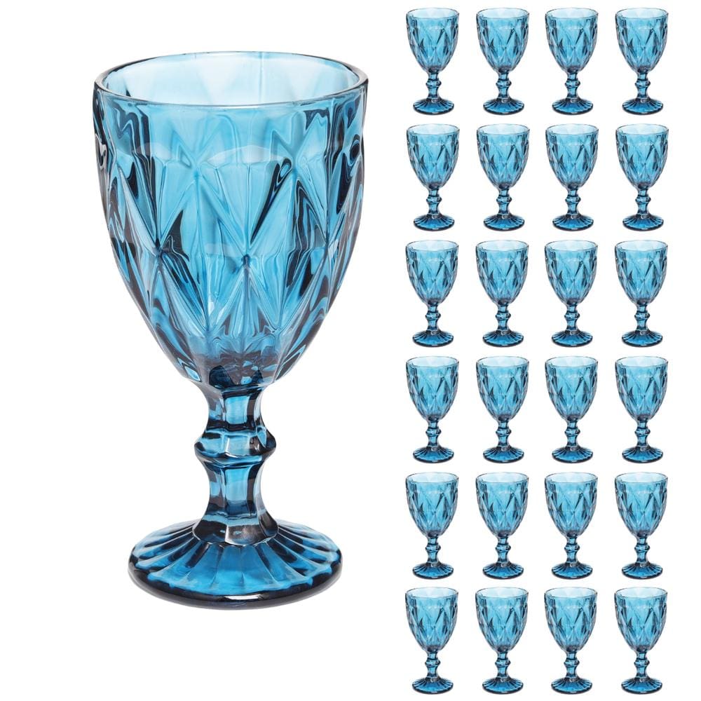 Taças Diamante Copos Vidro Azul Bico De Jaca 300ml - 24Un
