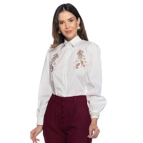 Camisa Social Feminina Manga Longa Bordada Bufante Casual