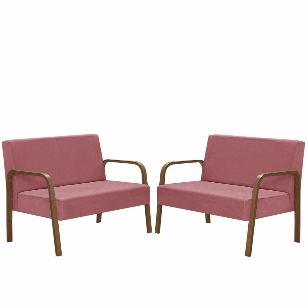 Kit Poltrona Decorativa 2 Namoradeiras  de 2 Lugares Jade Braço Madeira D Salla Suede