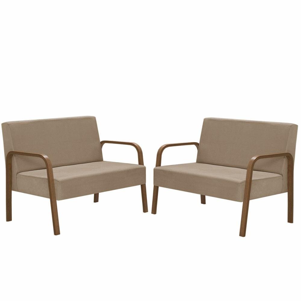 Kit Poltrona Decorativa 2 Namoradeiras de 2 Lugares Jade Braço Madeira D Salla Suede