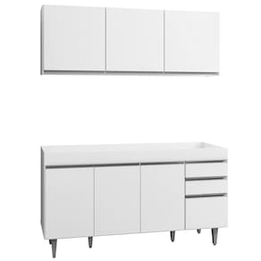 Armário Aéreo Argélia e Balcão Gabinete de Pia sem Tampo Marrocos 150cm Branco - Lumil