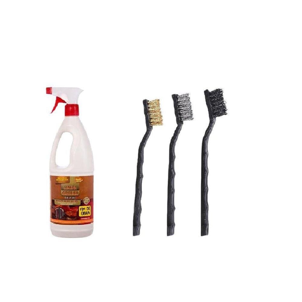 Limpa Grelha 1L + Jogo 3 Escovas Aço Inox Nylon E Latão