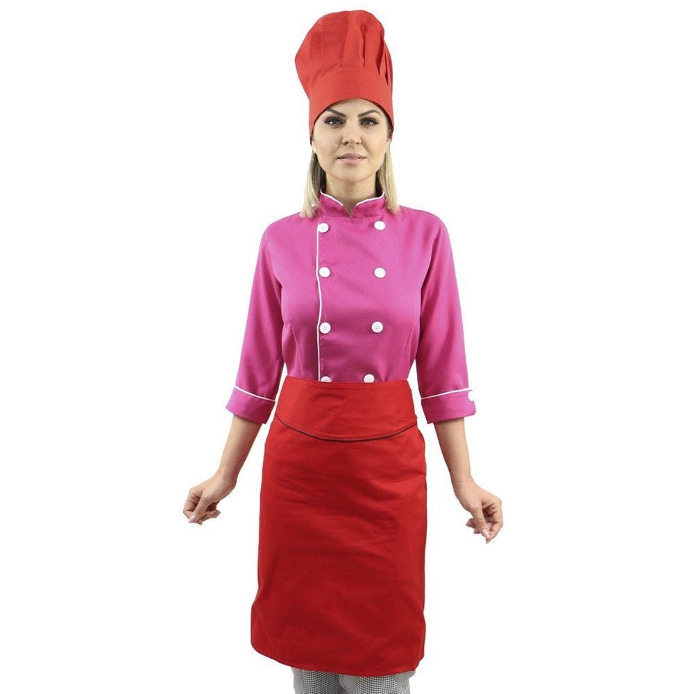 Kit chef cozinha feminino Dolmã manga 3/4 + Avental vermelho + Chapéu vermelho
