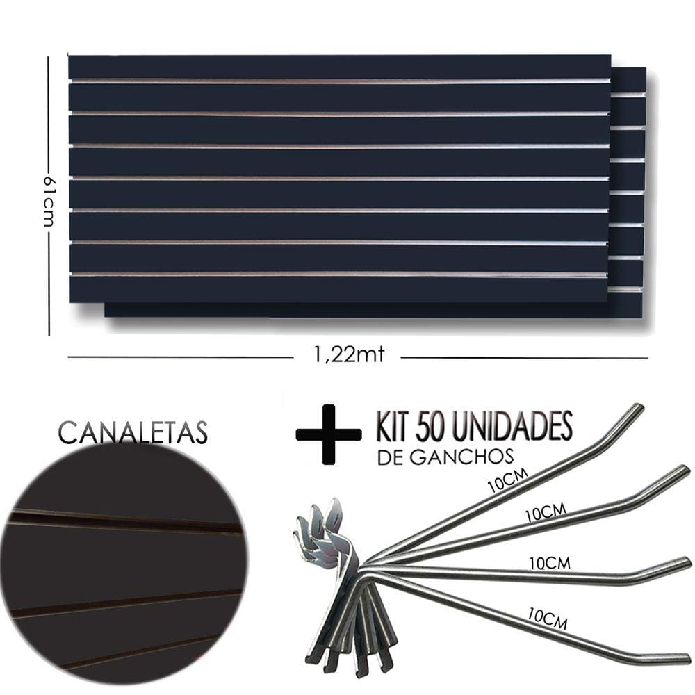 2 Paineis Canaletado Preto -1,22 x 0,61 + 50 Gancho 10cm + Canaletas PRETAS