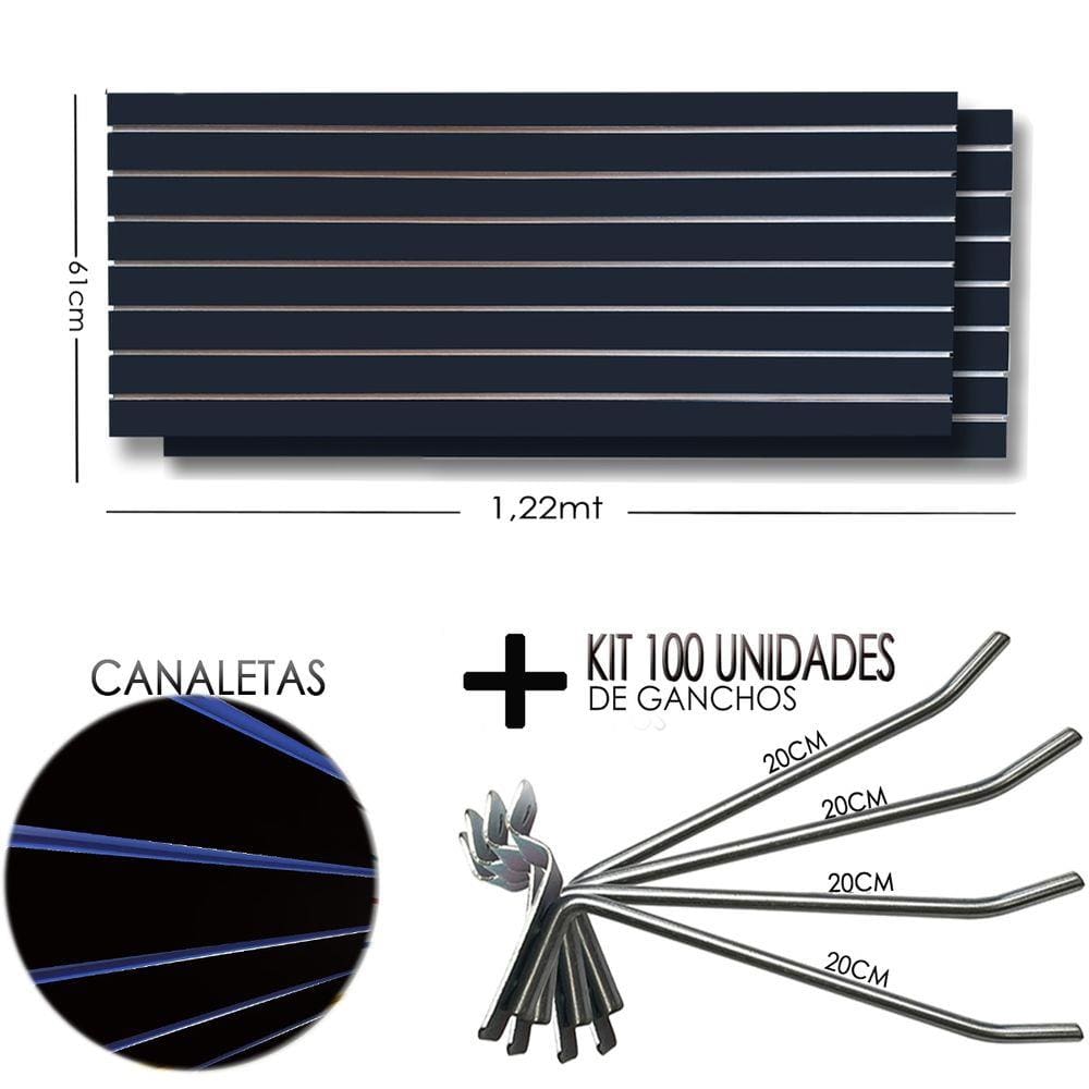 2 Paineis Canaletado Preto -1,22 x 0,61 + 100 Gancho 20cm + Canaletas AZUL