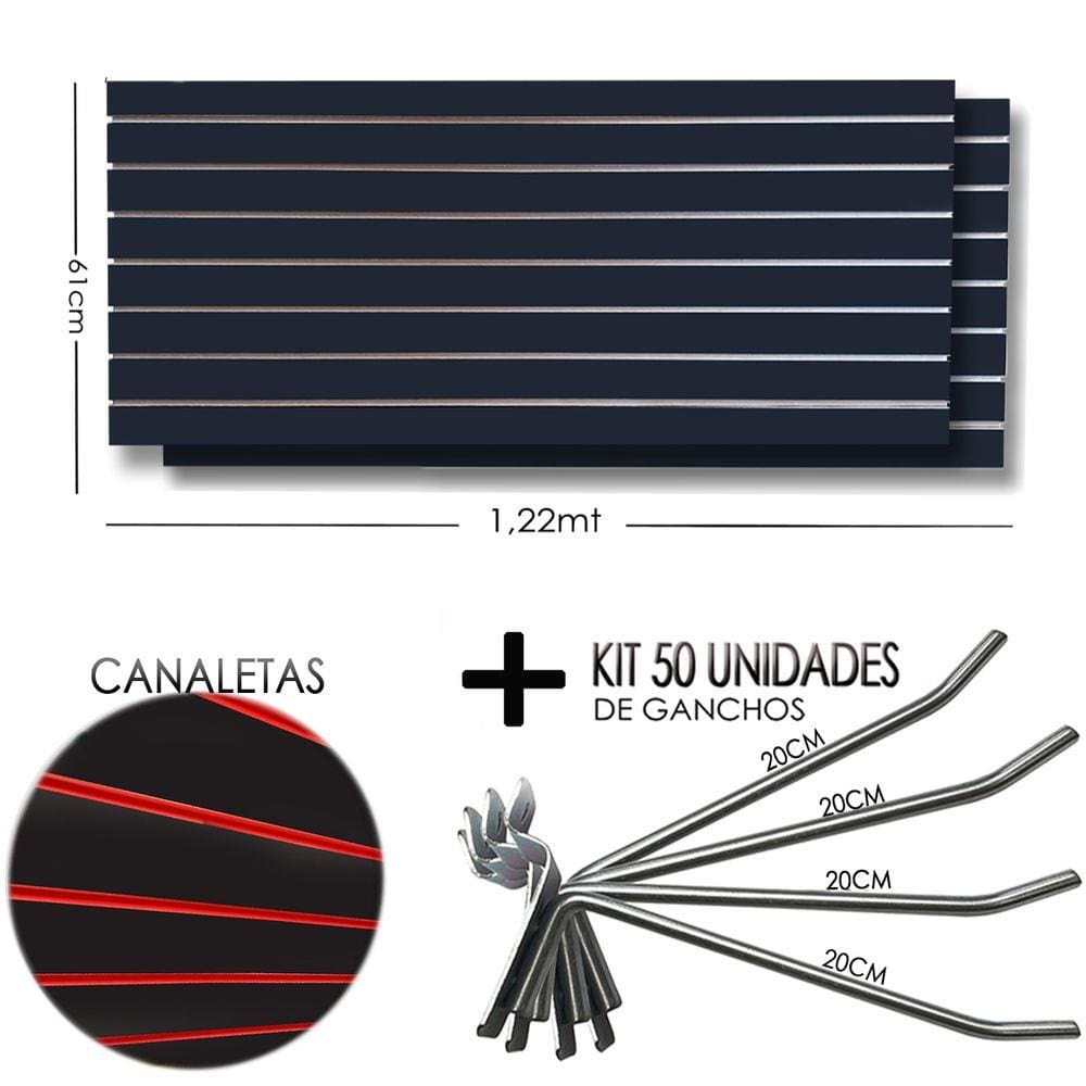 2 Paineis Canaletado Preto -1,22 x 0,61 + 50 Gancho 20cm + Canaletas VERMELHA