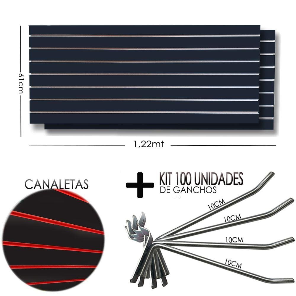 2 Paineis Canaletado Preto -1,22 x 0,61 + 100 Gancho 10cm + Canaletas VERMELHA