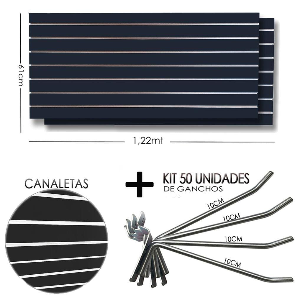2 Paineis Canaletado Preto -1,22 x 0,61 + 50 Gancho 10cm + Canaletas BRANCO