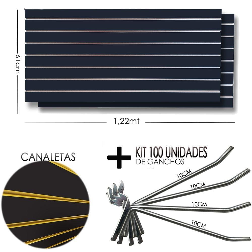 2 Paineis Canaletado Preto -1,22 x 0,61 + 100 Gancho 10cm + Canaletas AMARELO