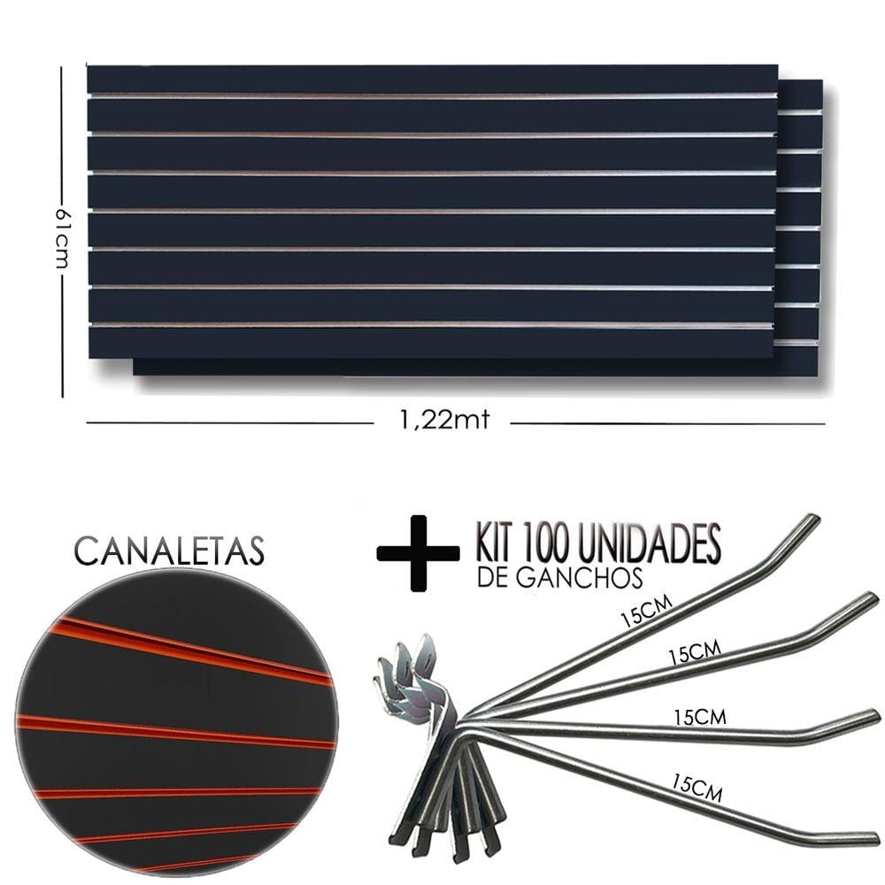 2 Paineis Canaletado Preto -1,22 x 0,61 + 100 Gancho 15cm + Canaletas LARANJA