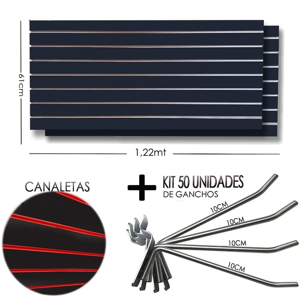 2 Paineis Canaletado Preto -1,22 x 0,61 + 50 Gancho 15cm + Canaletas VERMELHA