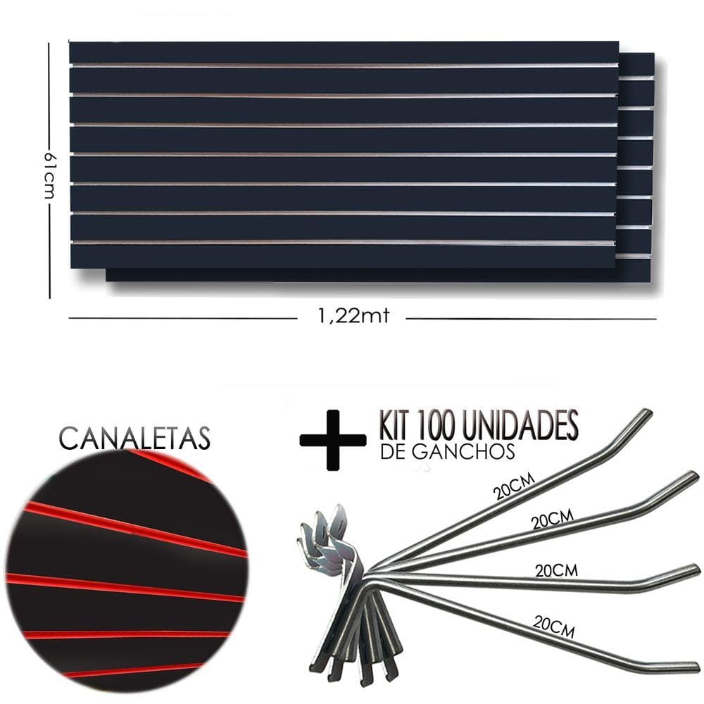 2 Paineis Canaletado Preto -1,22 x 0,61 + 100 Gancho 20cm + Canaletas VERMELHA