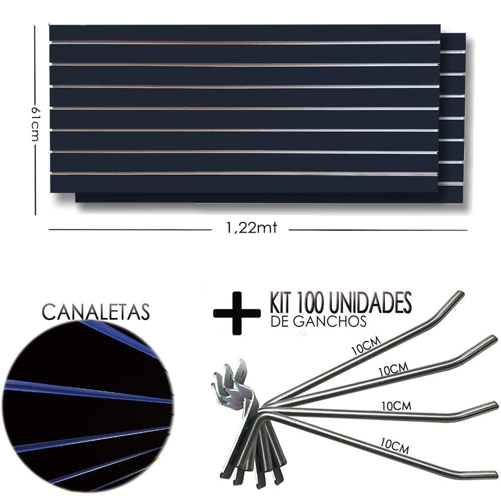 2 Paineis Canaletado Preto -1,22 x 0,61 + 100 Gancho 10cm + Canaletas AZUL