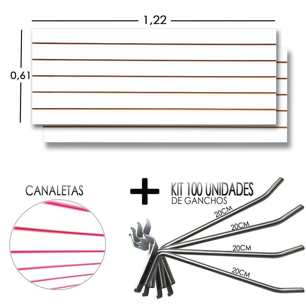2 Paineis Canaletado - 1,22 x 0,61 + 100 Gancho 20cm + Canaletas ROSA