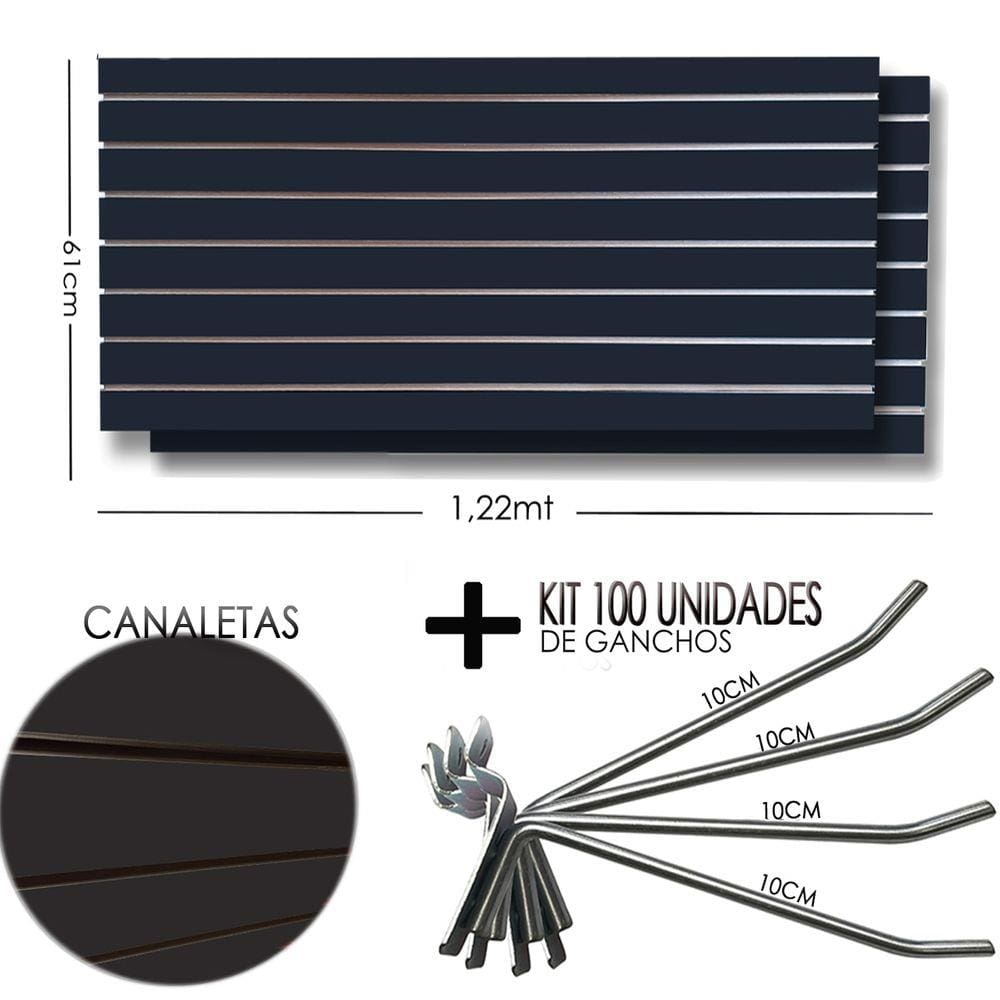 2 Paineis Canaletado Preto -1,22 x 0,61 + 100 Gancho 10cm + Canaletas PRETAS