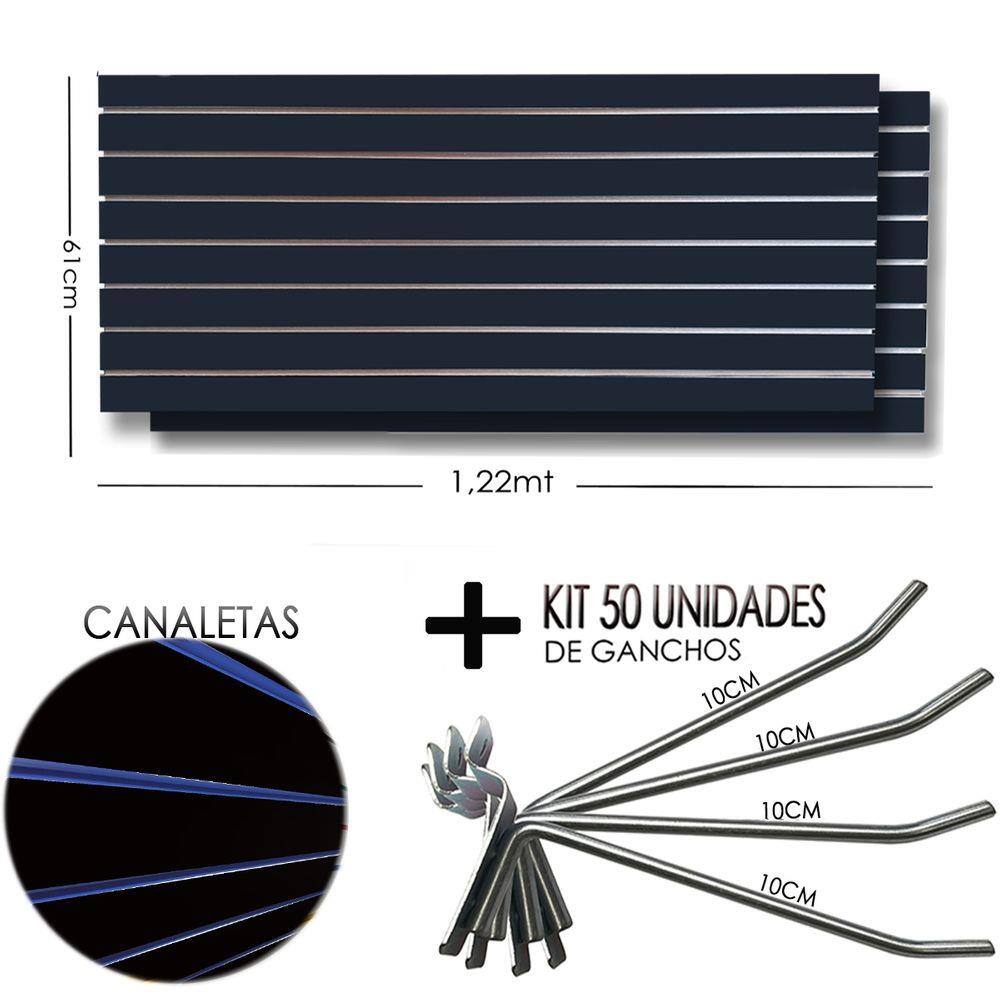 2 Paineis Canaletado Preto -1,22 x 0,61 + 50 Gancho 10cm + Canaletas AZUL