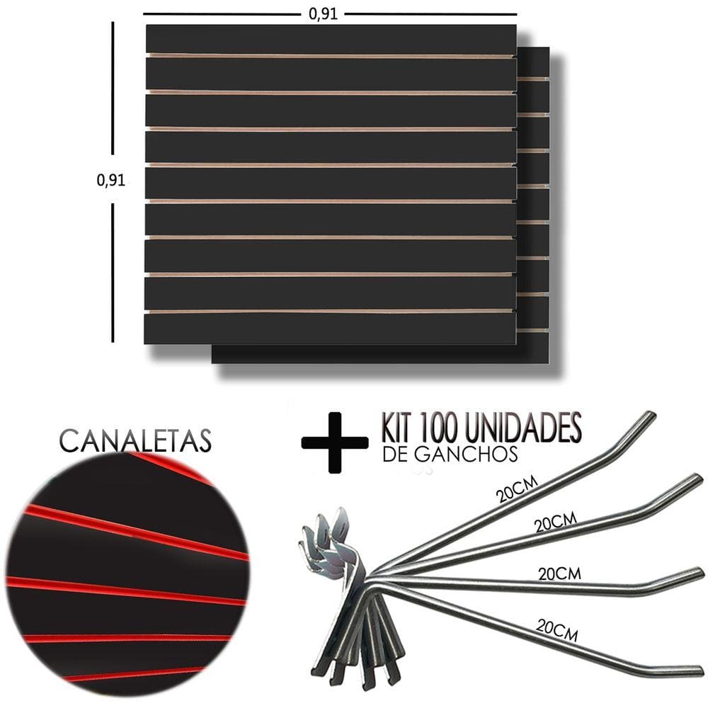 2 Paineis Canaletado Preto - 0,91 x 0,91 + 100 Gancho 20cm + Canaletas VERMELHO