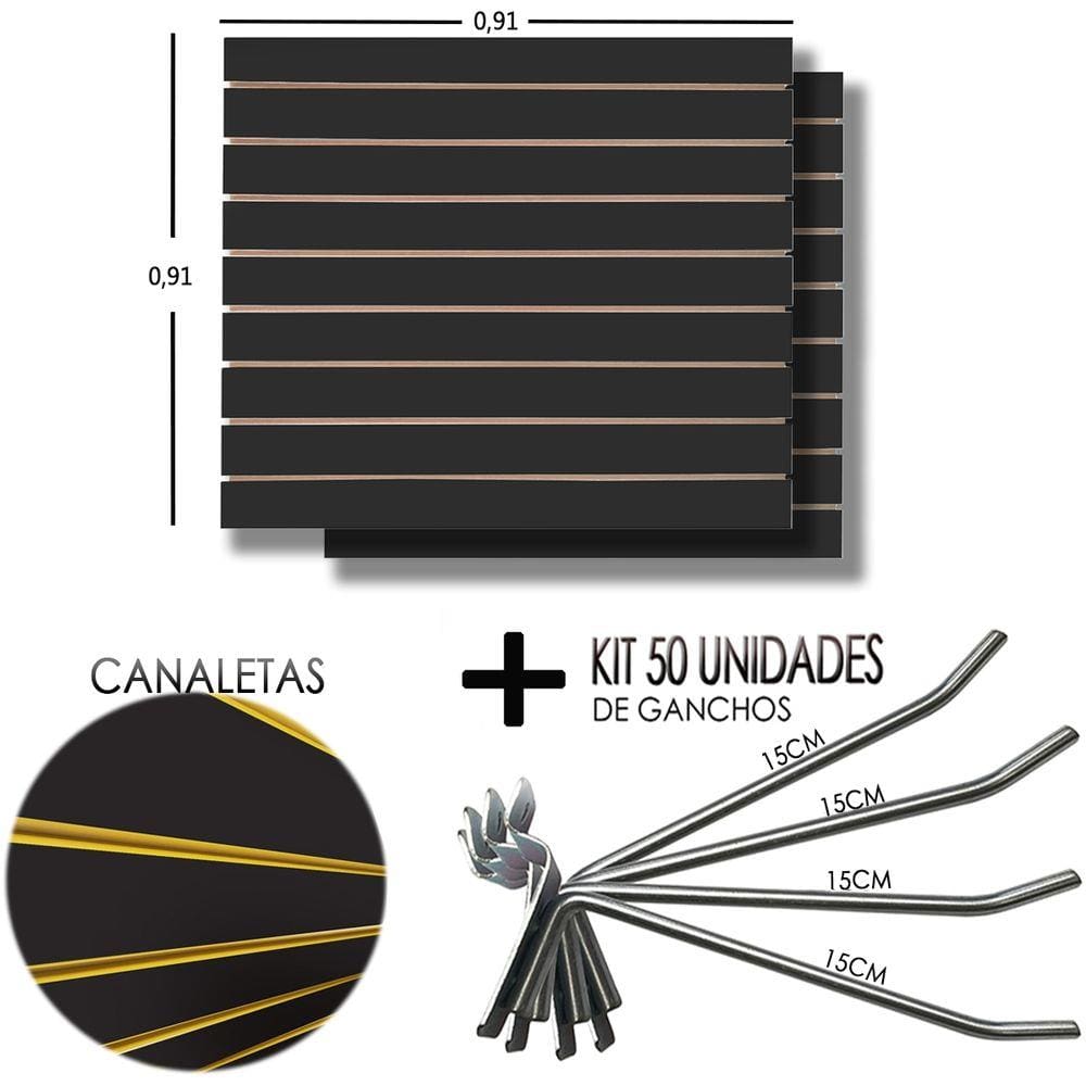 2 Paineis Canaletado Preto - 0,91 x 0,91 + 50 Gancho 15cm + Canaletas AMARELA