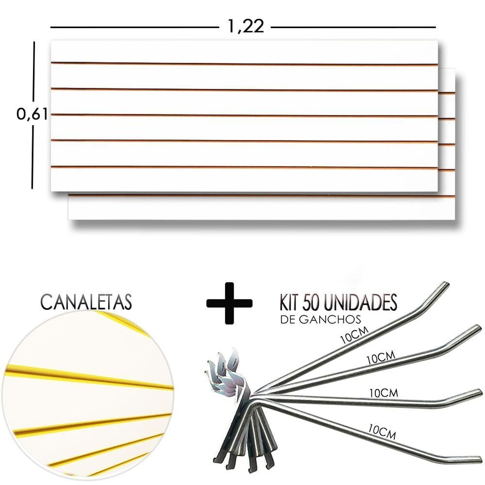2 Paineis Canaletado - 1,22 x 0,61 + 50 Gancho 10cm + Canaletas AMARELA