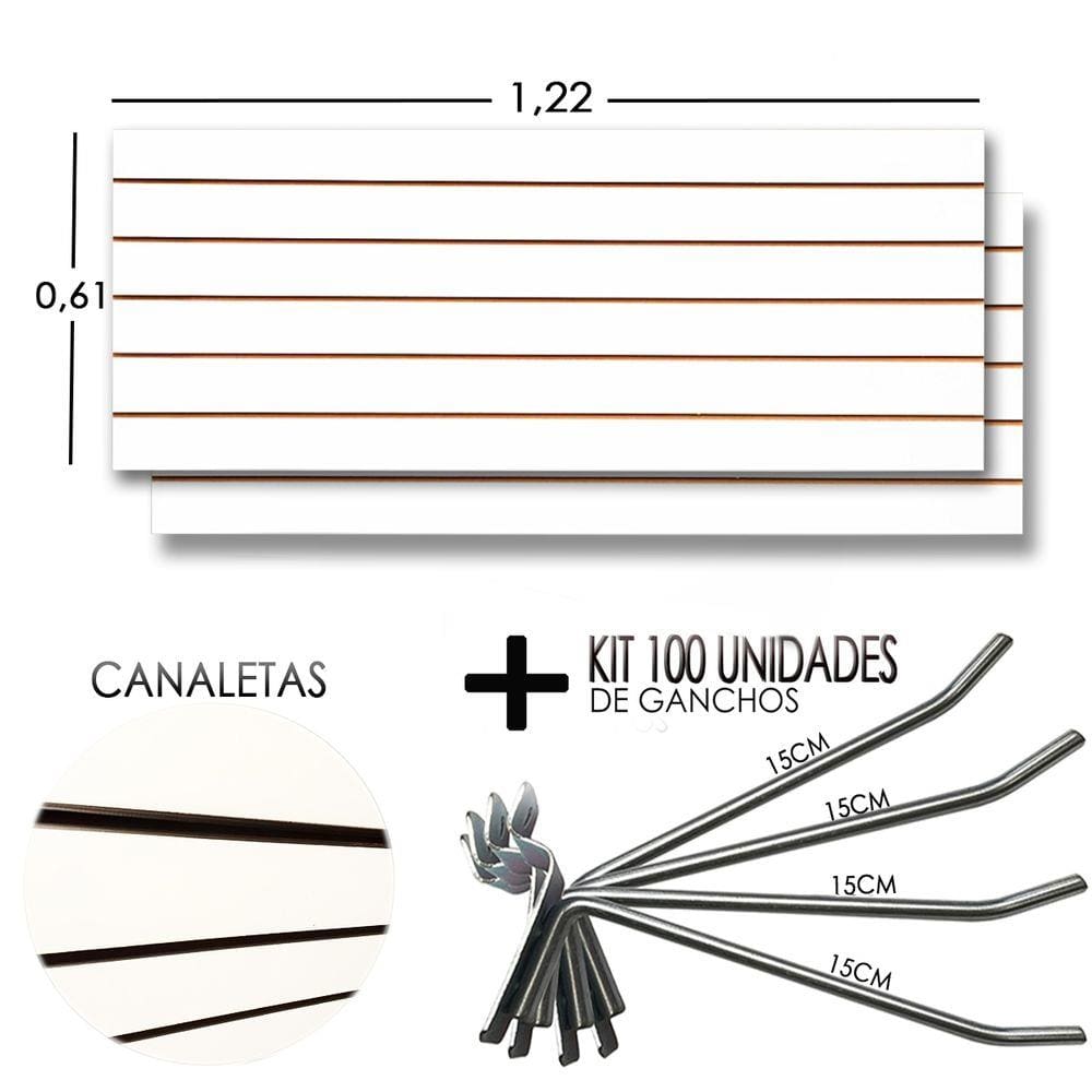 2 Paineis Canaletado - 1,22 X 0,61 + 100 Gancho 15cm + Canaletas Preto