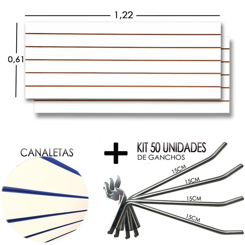 2 Paineis Canaletado - 1,22 x 0,61 + 50 Gancho 15cm + Canaletas AZUL