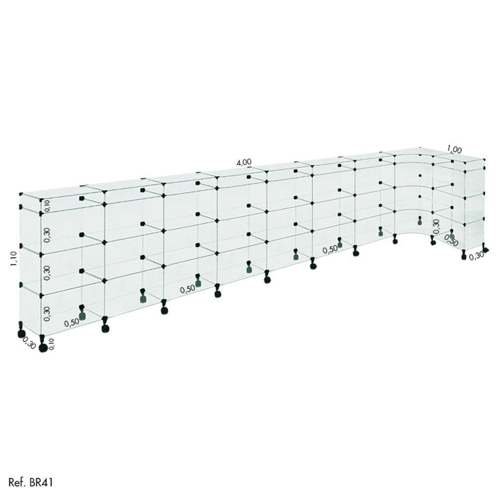 Balcão de Atendimento L Modulado em Vidro com Rodízios 4,00 x 1,10 x 1,00
