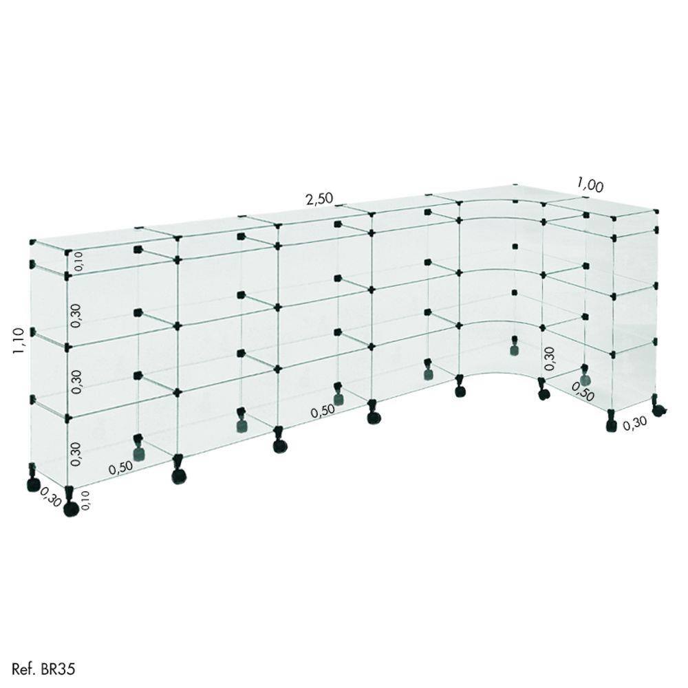 Balcão de Atendimento L Modulado em Vidro com Rodízios 2,50 x 1,10 x 1,00