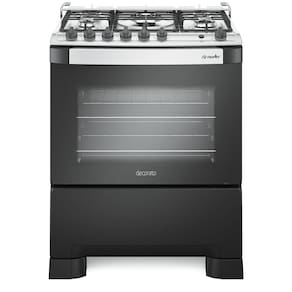 Fogão Mueller 5 bocas Decorato Gourmet Preto Fosco com mesa em inox escovado e grades em ferro fundido