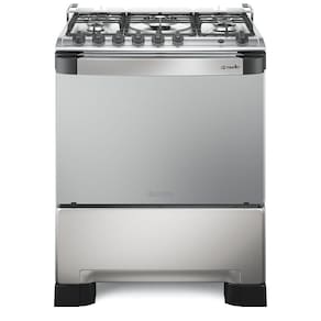 Fogão Mueller 5 bocas Decorato Gourmet Inox com mesa em inox escovado e grades em ferro fundido
