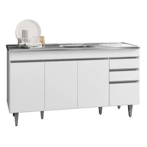 Balcão Gabinete com Pia Inox 150cm 4 Portas 2 Gavetas Marrocos Branco - Lumil