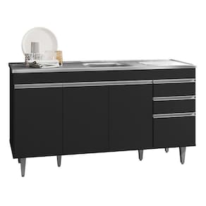 Balcão Gabinete com Pia Inox 150cm 4 Portas 2 Gavetas Marrocos Preto - Lumil