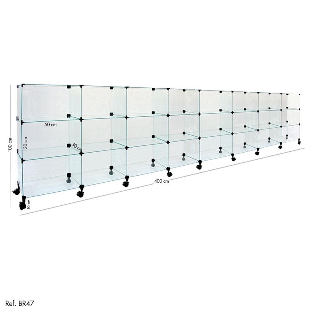 Balcão de Atendimento Modulado em Vidro com Rodízios - 4,00 x 1,00 x 0,30