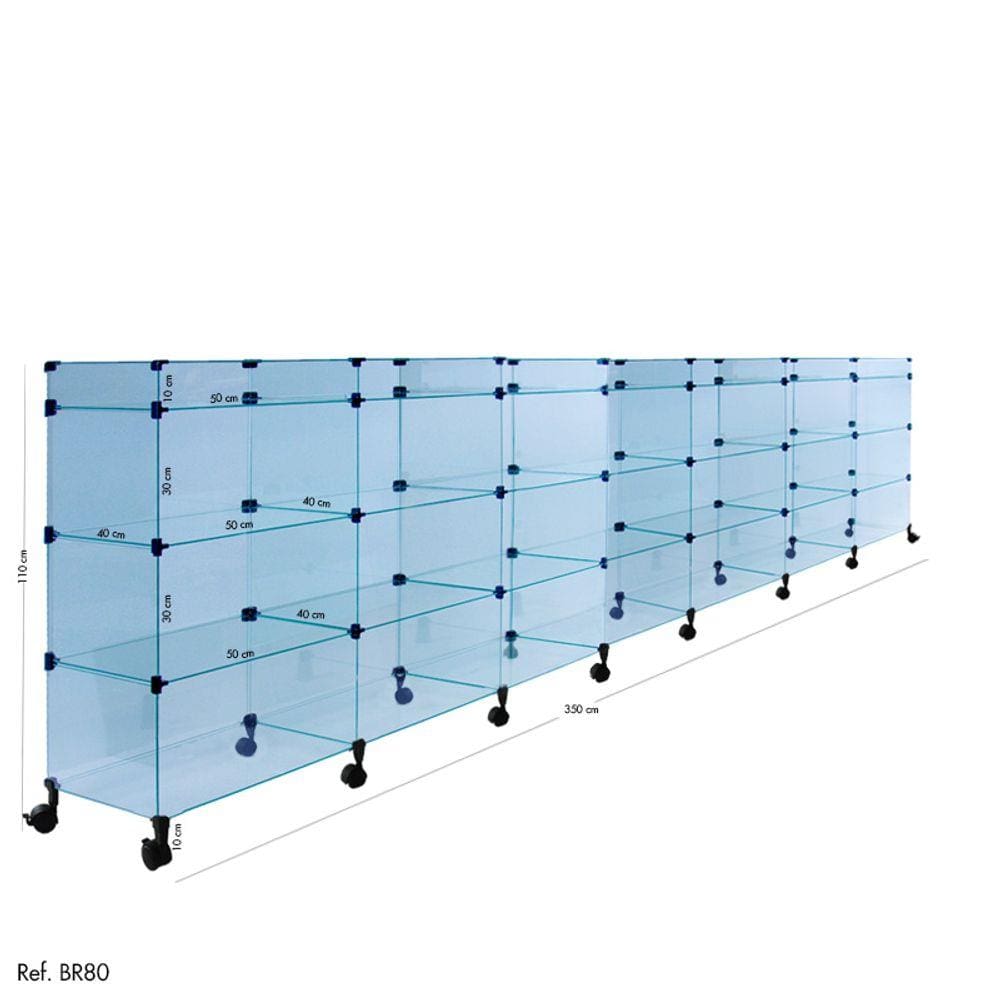 Balcão de Atendimento Modulado em Vidro com Rodízios - 3,50 x 1,10 x 0,40
