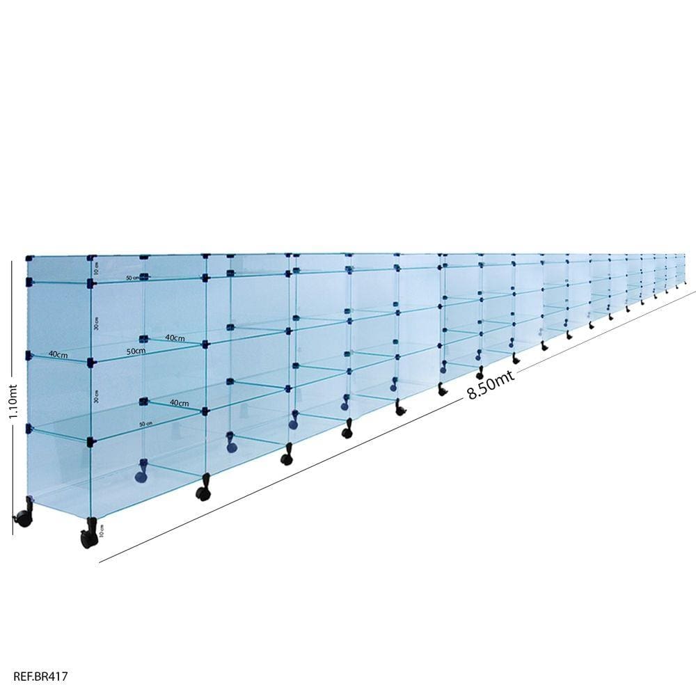 Balcão de Atendimento Modulado em Vidro com Rodízios + Porta Bijuterias -8,50 x 1,10 x 0,40