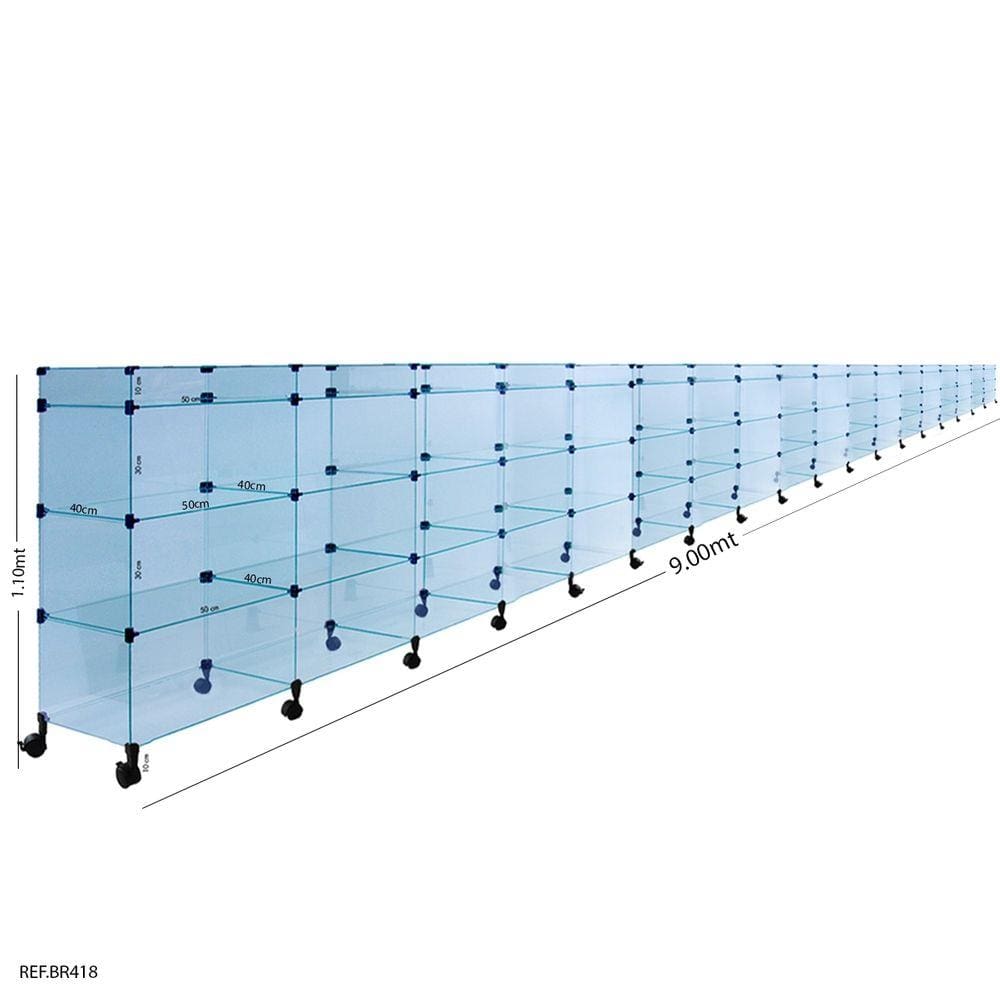 Balcão de Atendimento Modulado em Vidro com Rodízios + Porta Bijuterias -9,00 x 1,10 x 0,40